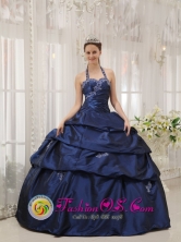 Navy Blue Quinceanera Dress Appliques Decorate Halter and sweetheart  Taffeta For Formal Evening In Comodoro Rivadavia  Argentina  Style QDZY652FOR 