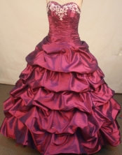 Popular ballgown sweetheart-neck floor-length taffeta appliques wine red quinceanera dresses FA-X-06