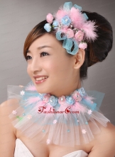 Pink Feather and Blue Net Flower Beading For Party  TH051FOR