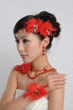 Red Alloy and Rhinestones Necklace and Earing Sets in Red and Gold ACCJSET237FOR