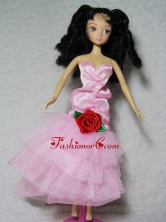 Elegant Pink Dress With Flower Tea-length For Quinceanera Doll Babidf331for