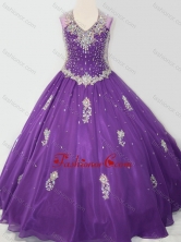 Cheap Ball Gown V Neck Organza Beaded and Applique Little Girl Pageant Dress in Purple SWLG010FOR