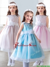 Elegant Scoop Tea Length Little Girl Pageant Dress with Appliques and Hand Made Flowers THLG022FOR