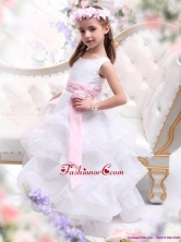 Scoop White Little Girl Pageant Dress with Sash and Ruffles WMDLG018FOR