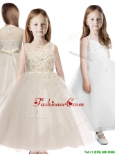 See Through Scoop Appliques Little Girl Pageant Dress in Champagne THLG070-1FOR