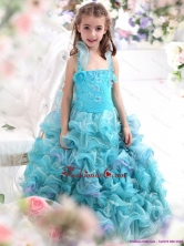 Straps Appliques and Ruffled Layers Pageant Dresses for Kids in Aque Blue WMDLG036FOR