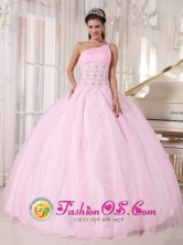 Baby Pink One Shoulder Beading Tulle Ball Gown For Sweet 16 In San Fernando  Argentina  Style PDZY751FOR 