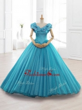 Exquisite Cap Sleeves Teal Quinceanera Gowns with AppliquesSWQD061-1FOR