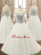 See Through Scoop Long Sleeves White Quinceanera Dress with Beading SWQD130FOR