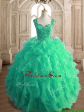 Affordable Beaded and Ruffled Straps Quinceanera Dress in Spring Green SWQD152-5FOR