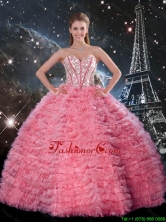 2016 Spring Pretty Ball Gown Beaded Rose Pink Quinceanera Dresses with Ruffles QDDTA92002FOR
