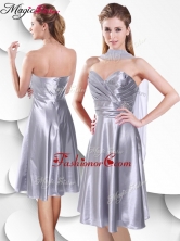 Best Empire Elastic Woven Satin Silver Dama Dress with Beading and Ruching SWPD011FBFOR
