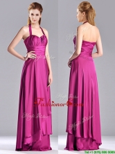 Classical Halter Top Fuchsia Long Dama Dress in Elastic Woven Satin THPD005FOR