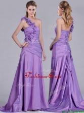 Lovely Brush Train Lilac Dama Dress with Hand Made Flowers Decorated One Shoulder THPD223FOR