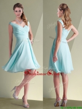Lovely Chiffon Off the Shoulder Aqua Blue Dama Dress with Ruching BMT086BFOR 