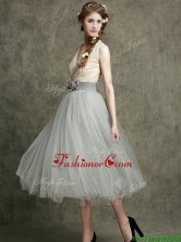 Wonderful Hand Made Flowers and Belted Dama Dress with Tea Length BMT087-1FOR