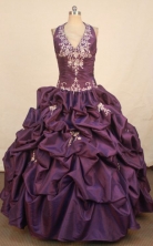 Best Ball Gown Halter Top Floor-length Dark Purple Taffeta Appliques Quinceanera dress Style FA-L-36