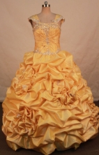Best Ball Gown Strap Floor-length Yellow Taffeta Appliques Quinceanera dress Style FA-L-384