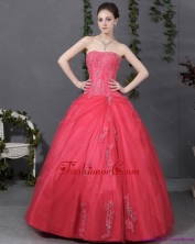 Best Coral Red Strapless Sweet 16 Dress with Ruching and Appliques WMDQD022FOR