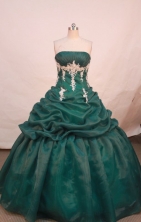Cheap ball gown strapless floor-length organza appliques dark green quinceanera dresses FA-X-047