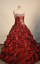 Cheap ball gown sweetheart-neck floor-length taffeta appliques Wine Red quinceanera dresses FA-X-027