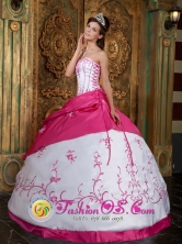Embroidery Rose Pink and White Strapless Satin Ball Gown For 2013 Tuquerres Colombia Quinceanera Style  QDZY037FOR
