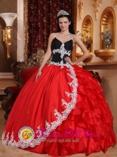 Girardota Colombia V-neck  Appliques Embellishment Red and Black Floor-length Quinceanera Dress For Celebrity Style  QDZY719FOR