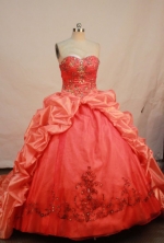 Popular ball gown sweetheart-neck chapel taffeta appliques orange red quinceanera dresses FA-X-044