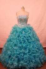 Pretty ball gown strapless floor-length organza beading teal quinceaner dreeses FA-X-030