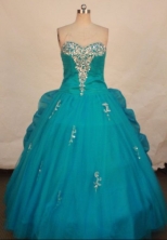 Pretty ball gown sweetheart-neck floor-length organza teal appliques with beading quinceanera dresses FA-X-147
