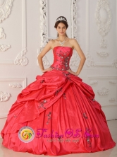 Red 2013 Pitalito Colombia Customer Made New Arrival Strapless Taffeta Appliques Decorate For Quinceanera Dress Style  QDZY315FOR