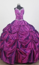 Romantic Ball Gown V-neck Floor-length Fuchsia Quinceanera Dress X0426063