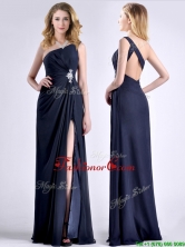 Exquisite One Shoulder Navy Blue Dama Dress with Beading and High Slit THPD161FOR