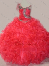 CoraL Red Ball Gown V Neck Organza Beading Little Girl Pageant Dress with Lace Up SWLG012FOR