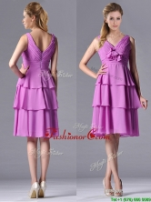 Classical V Neck Lilac Prom Dress with Handcrafted Flower and Ruching THPD239FOR