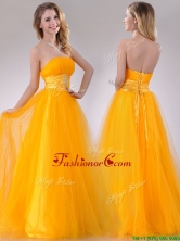Elegant A Line Beaded Tulle Gold Prom Dress with Lace Up THPD221FOR