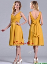 Latest Empire V Neck Ruched Gold Prom Dress in Chiffon THPD162FOR