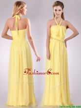 Lovely Halter Top Chiffon Ruched Long Prom Dress in Yellow THPD079FOR