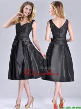 Popular Empire Black Tea Length Prom Dress with Ruching and Bowknot THPD163FOR
