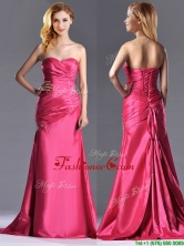 Pretty Beaded and Ruched Coral Red Column Prom Dress with Brush Train THPD192FOR