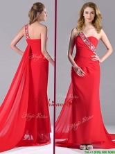 Pretty Column One Shoulder Watteau Train Chiffon Coral Red Prom Dress with Beaded THPD278FOR