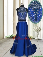 2017 Fashionable Two Piece Criss Cross Brush Train Royal Blue Prom Dress with Beading PSSWPD026FOR
