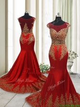 Beautiful Brush Train Mermaid Cap Sleeves Prom Dress with Beading and Appliques PSSWPD012FOR