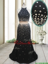 Luxurious Two Piece Halter Top Backless Black Prom Dress with Brush Train PSSWPD021FOR
