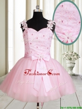 New Applique Decorated Straps Baby Pink Short Prom Dress with Beading and Bowknot PSSWPD051FOR