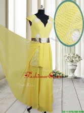 Popular Beaded and Belted V Neck Chiffon Yellow Prom Dress with Cap Sleeves PSSWPD057FOR