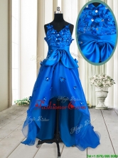 Pretty V Neck Applique and Beaded Bowknot Royal Blue Prom Dress in High Low PSSWPD047FOR