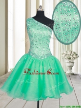 Visible Boning One Shoulder Beaded Bodice Organza Prom Dress in Turquoise PSSWPD044FOR