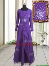 Elegant Square Long Sleeves Beaded Zipper Up Purple Dama Dress in Floor Length PSSWPD072FOR