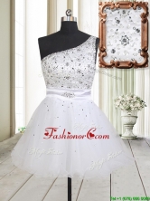 Fashionable One Shoulder Beaded Bodice Zipper Up White Dama Dress in Tulle PSSWPD066FOR